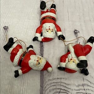 Vintage Ceramic Christmas Tumbling Santa Ornaments set of 3